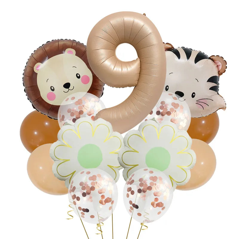Retro Forest Tiger Lion Animal Balloon Set Caramel Digital Birthday Party Decoration Balloon Aluminum Foil Material