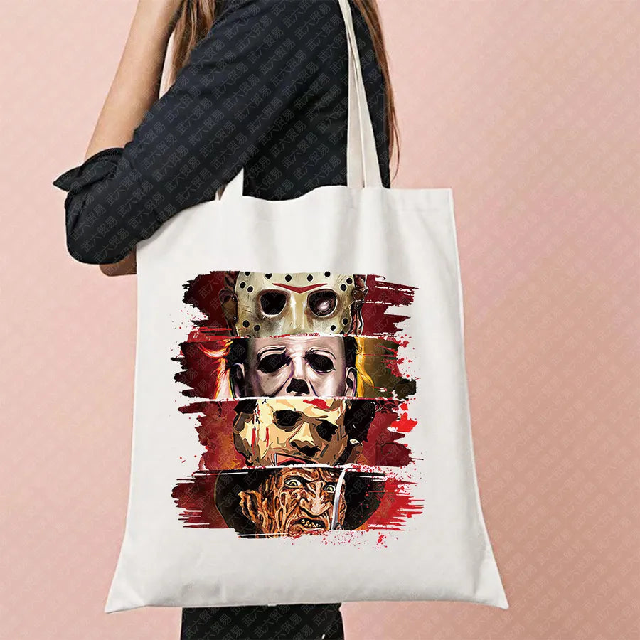 Scary Cat Halloween Pumpkin Pattern Canvas Tote Bag Reusable Shopping Bag Large Square Shape Double Shoulder Strap Tote Bag