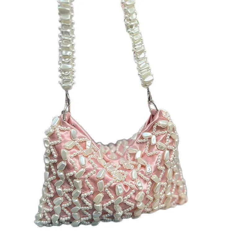 Women's Small Silk Geometric Elegant Beading Pearls Dumpling Shape Zipper Shoulder Bag