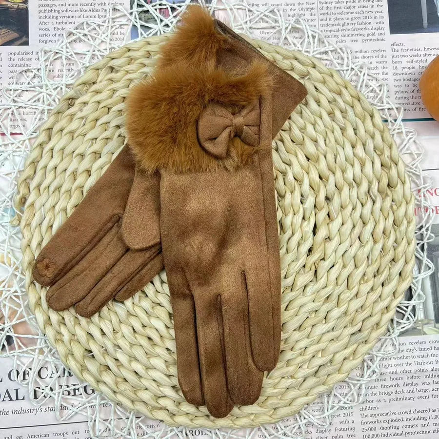 Women's Winter Touchscreen Gloves Rabbit Fur Lined Warm Suede Cycling Gloves Stylish Basic European Simple Design