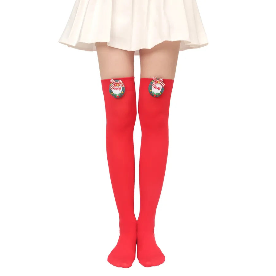 Christmas Sweet Women'S Plaid Solid Color Polyester Over The Knee Socks