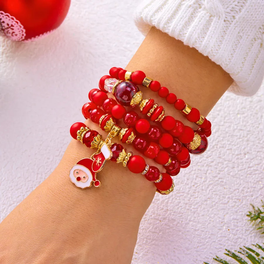 Christmas Theme Acrylic Bracelet Set For Women Elastic Santa Claus And Deer Beads Colorful Holiday Hand Chain Jewelry