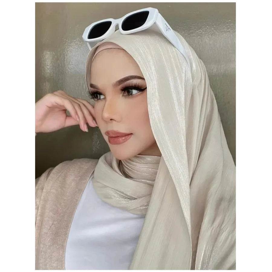 New Style Cool Breathable Bright Silk Chiffon Island Wrinkled Long Scarf Solid Color Simple Malay Indonesian Women's Bag Headscarf