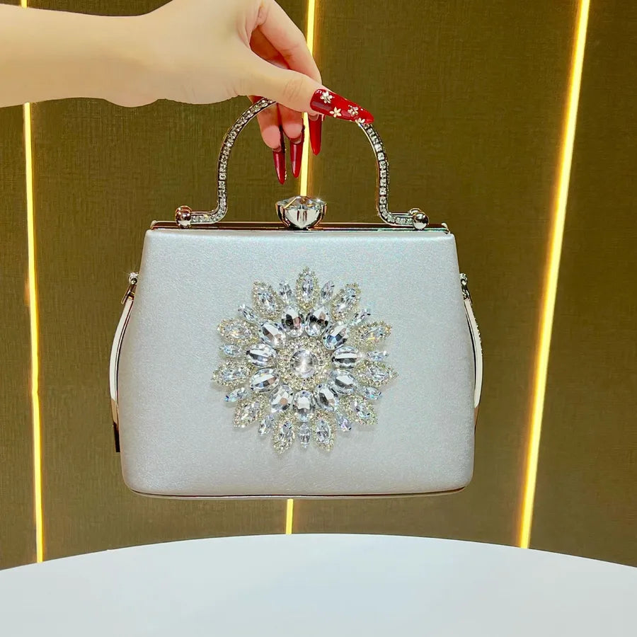 Fashionable Women's Handbag Evening Dress Bag Wedding Maids Shoulder Crossbody Diamond Embellished Bucket Shape PU Bag
