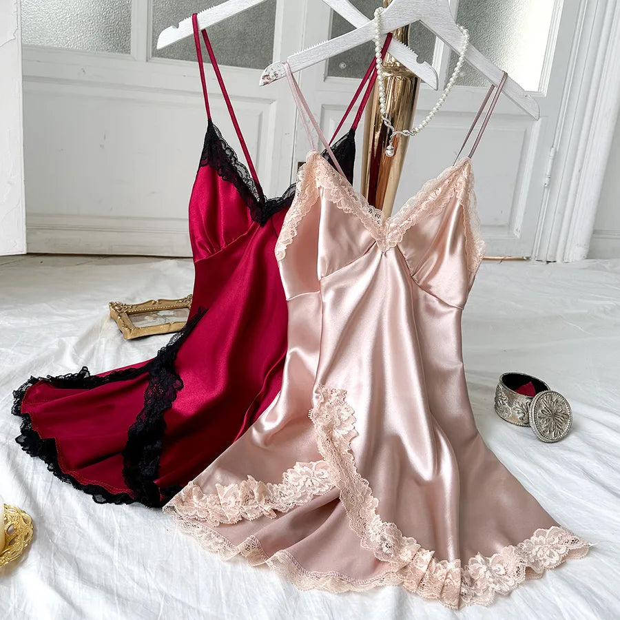 Home Elegant Sexy Color Block Lace Imitated Silk Polyester Pajama Sets