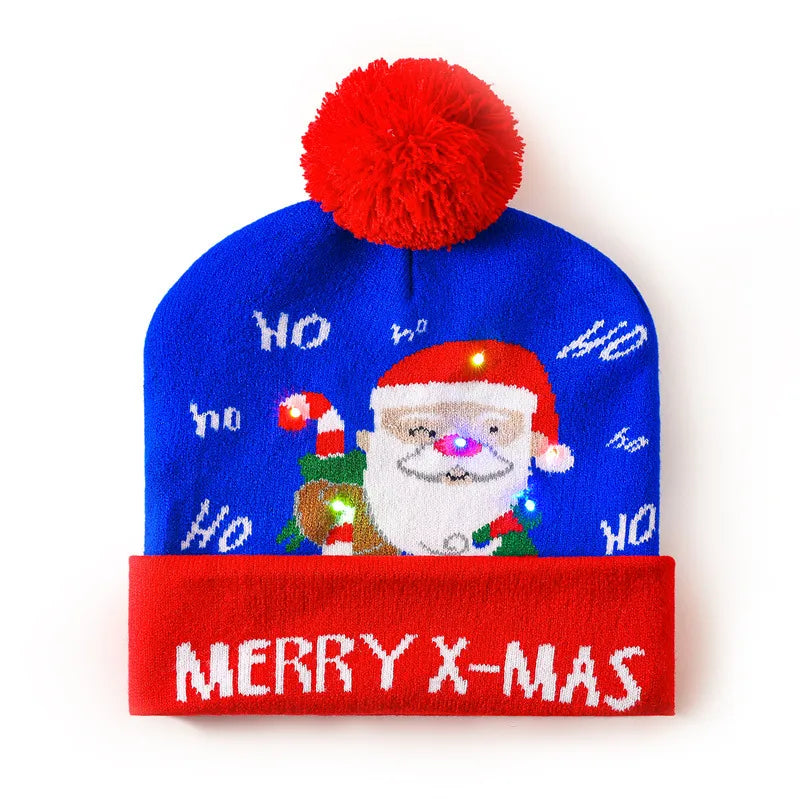 In Stock  Christmas Hat with Light Led Seven-Color Lights Adult Jacquard Hat Woolen Cap Men's and Women's Knitted Hat