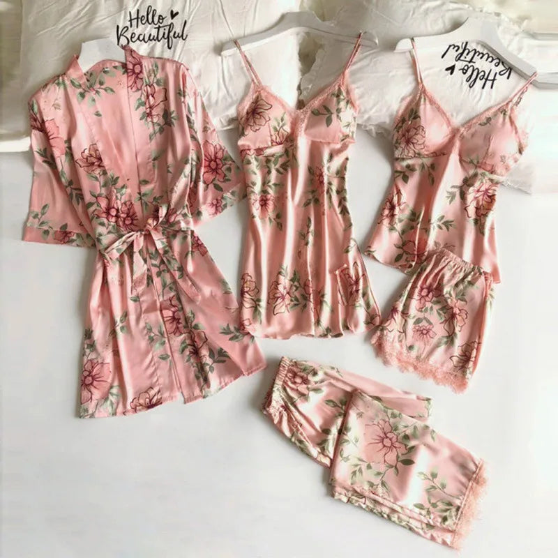 Home Outdoor Daily Women's Elegant Sexy Flower Spandex Satin Pants Sets Pajama Sets