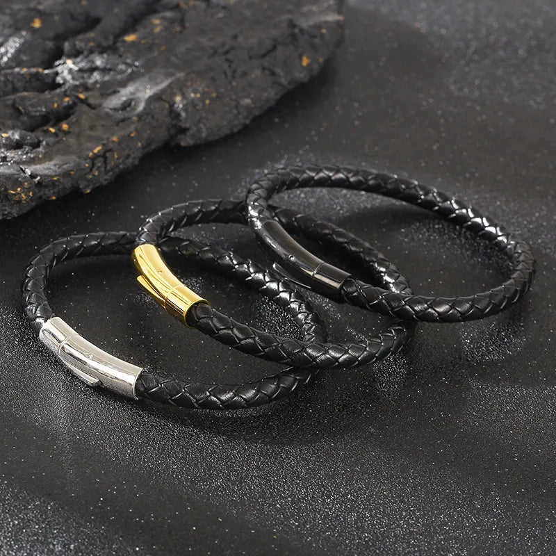Simple Style Solid Color Leather rope Titanium Steel Plating 18K Gold Plated Men's Bangle