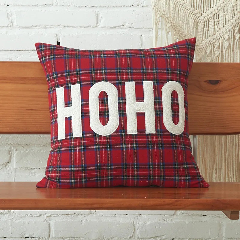 Christmas Print Embroidered Letter Cushion Cover Red And Green Plaid Fabric Home Decorative Pillowcase American Style