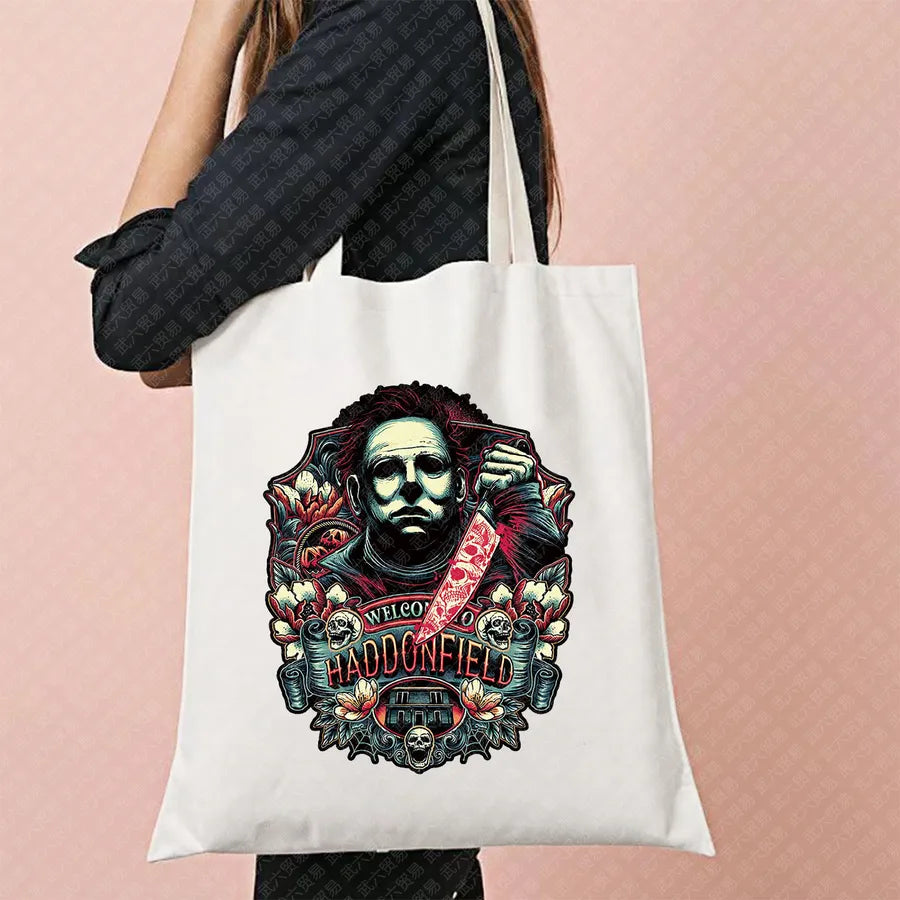Halloween Movie Pattern Canvas Tote Bag Reusable Shopping Shoulder Bag Travel Large Square Printed Handbag Retro Style Women