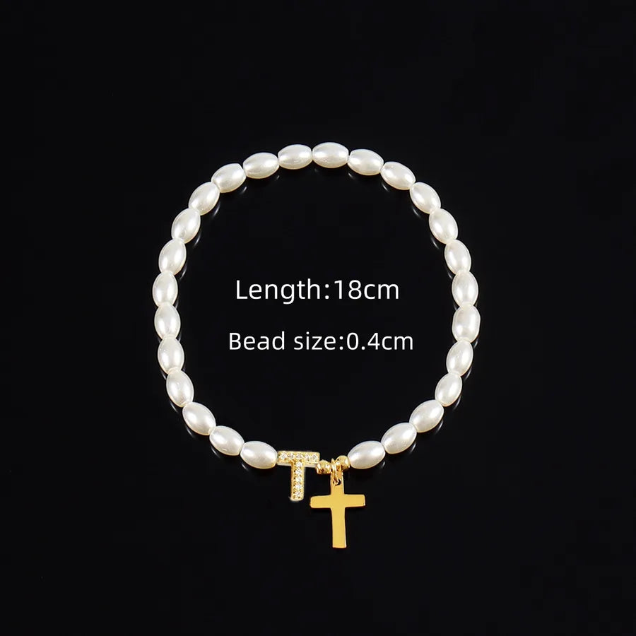 Simple Style Cross Letter 304 Stainless Steel Artificial Pearl Copper Beaded Chain Bracelets In Bulk