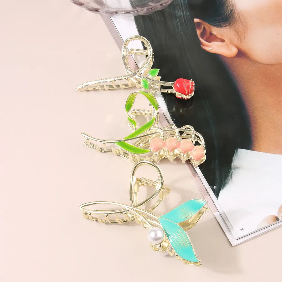 simple style New style sunflower tulip grain imitation pearl alloy inlay rhinestones hair claws