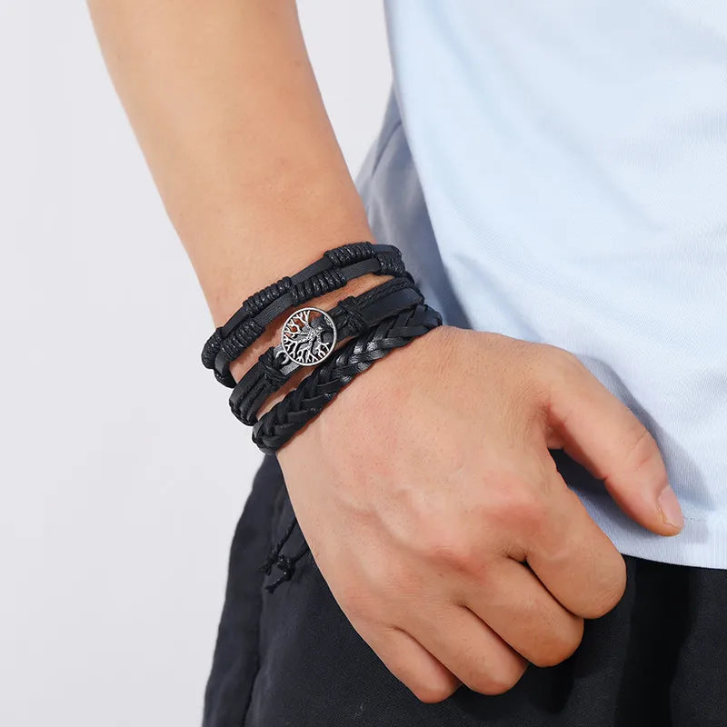 Retro Waves Flower Pu Leather Wood Beaded Men's Bracelets