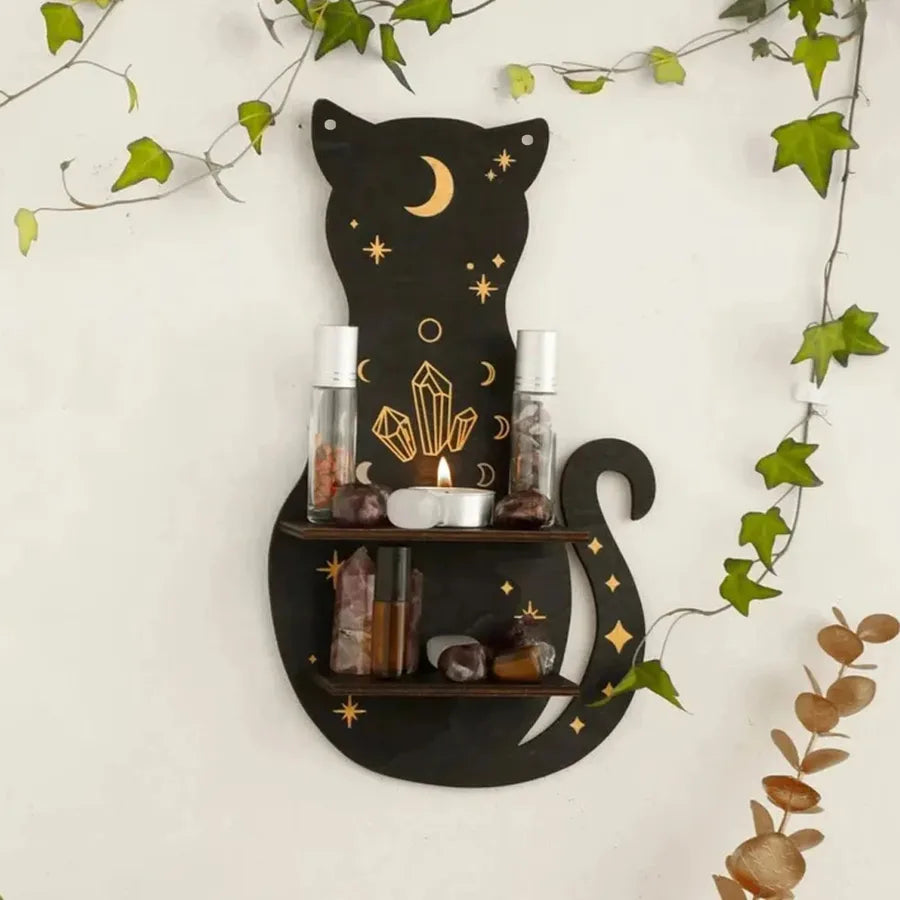 Cute Retro Cat Wood Ornaments Storage Rack Wall Art