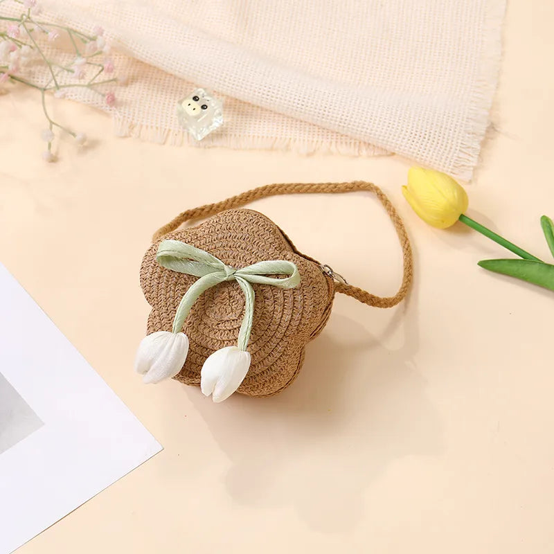 Summer Beach Seaside Tulip Straw Woven Bag  New Children Flower Straw Bag Mobile Phone Crossbody Bag