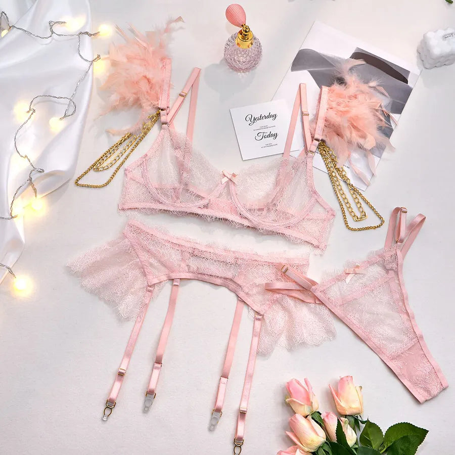 hot sexy underwear feather stitching color sexy metal chain four-piece set in stock