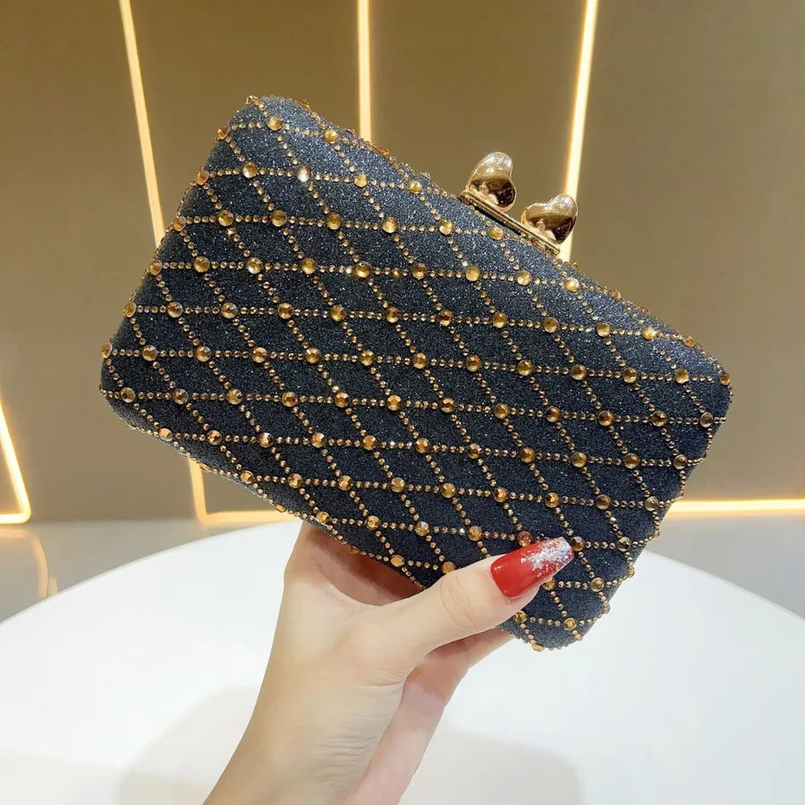 Fashionable Full Diamond Handbag Shoulder Dinner Bag For Women Square Polyester Bag With Chain Elegant Lady Clutch Purse