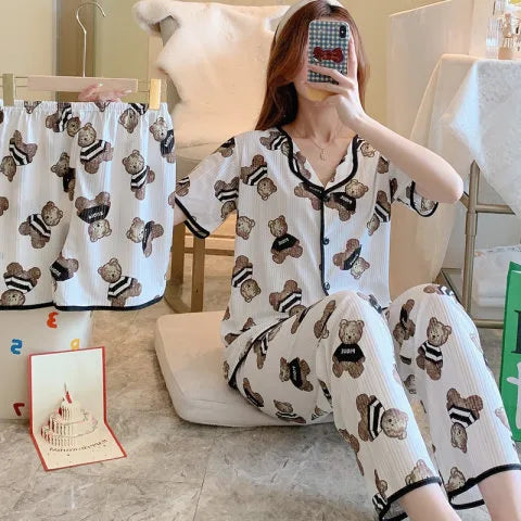 Spring Autumn Women's Sleepwear Short Sleeve Loose Home Clothes Cute Girl's Pajamas Set Casual Breathable Polyester Silk