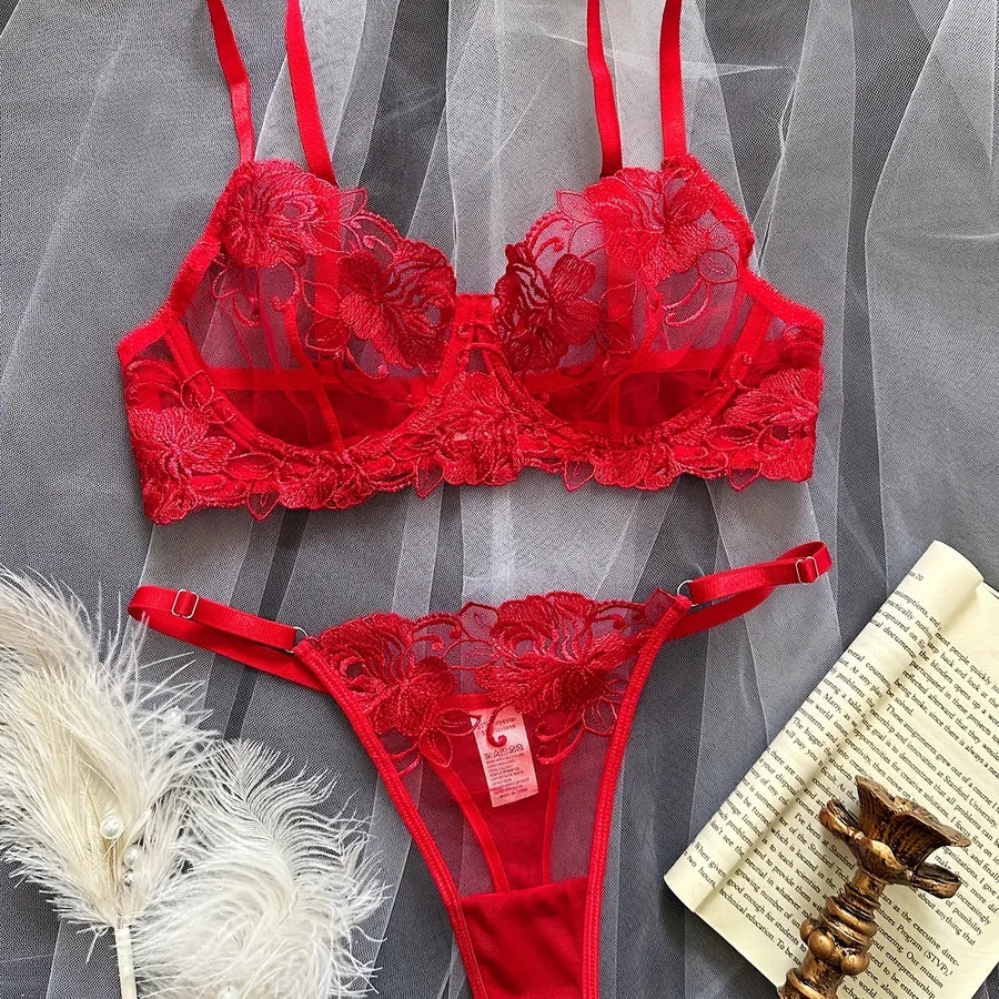 Women's Sexy Flower Sexy Lingerie Sets Home Honeymoon Sheer Bra Low Waist Thong See-Through Sexy Lingerie