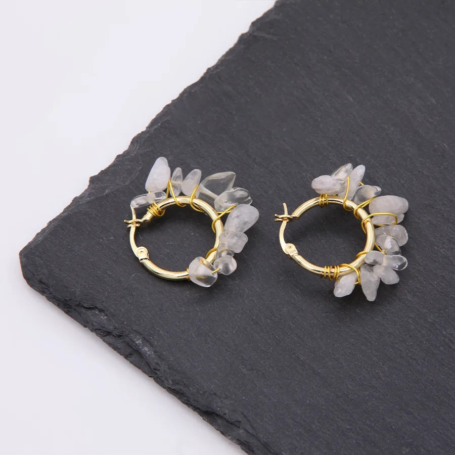 1 pair ethnic style bohemian tropical solid color handmade plating natural stone copper 18k gold plated hoop earrings