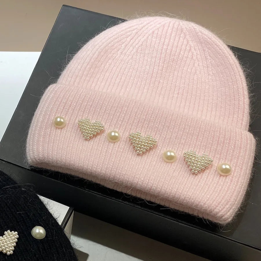 women's sweet heart shape pearl eaveless wool cap
