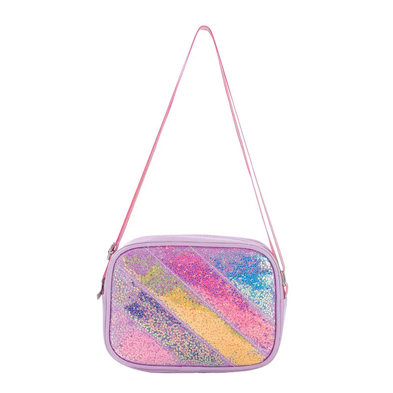 Kid'S Pu Leather Stripe Cute Sequins Square Zipper Shoulder Bag