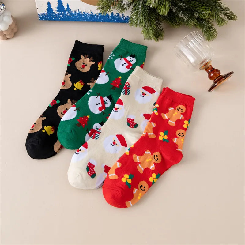 Cartoon Mid-Calf Women's Socks Deer Snowman Santa Claus Christmas Cotton Socks Trendy Autumn Winter Fashion Socks Gift