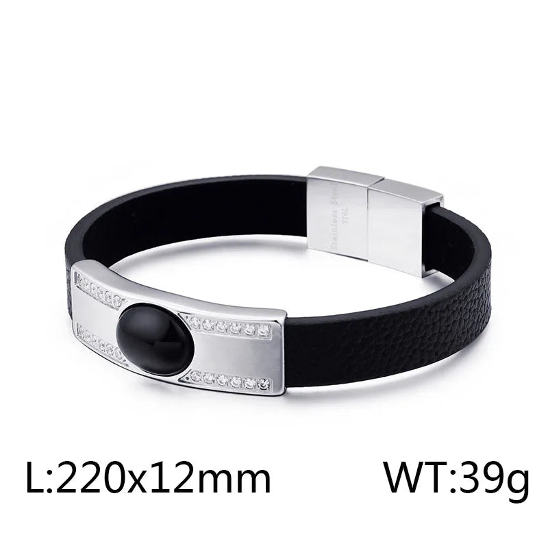 hip-hop retro color block pu leather titanium steel men's bangle