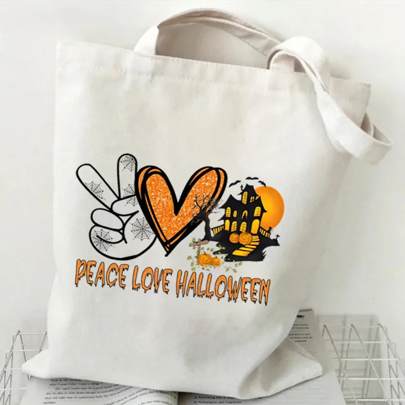 Halloween Cartoon Pumpkin Decorated Student Canvas Bag Handbag Shopping Commuter Bag Large Square Fashion Tote Bag