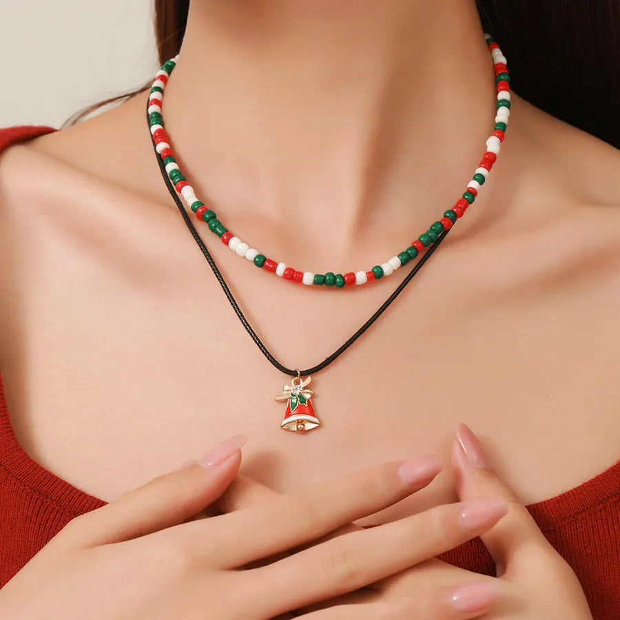 Christmas Themed Double Layered Necklace With Santa Claus Design Glass Beads Clavicle Chain Jewelry Accessory For Unisex Use