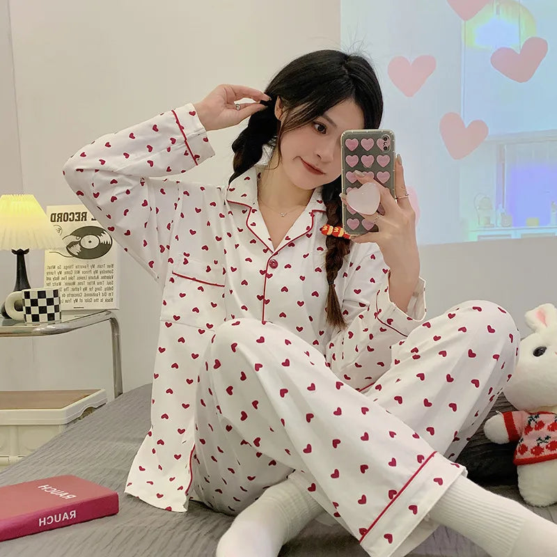 Purple Heart Sweet Style Women's Sleepwear Long Sleeve Home Clothes Spring Autumn High Sensation Dormitory Outdoor Wear Set
