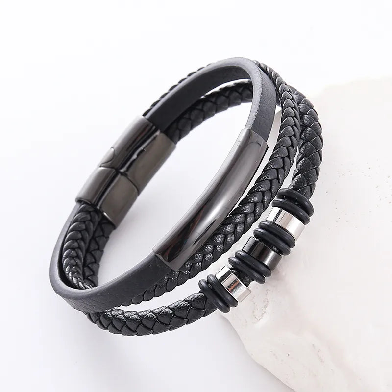 Hip-Hop Double Ring Leather Plating Men's Bracelets