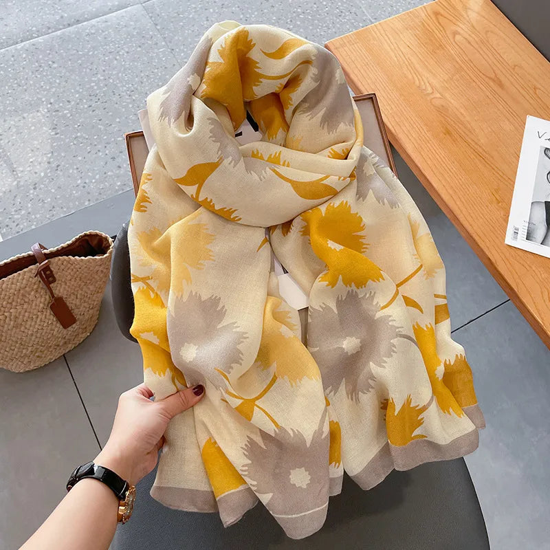 women's elegant sweet flower cotton and linen printing silk scarf