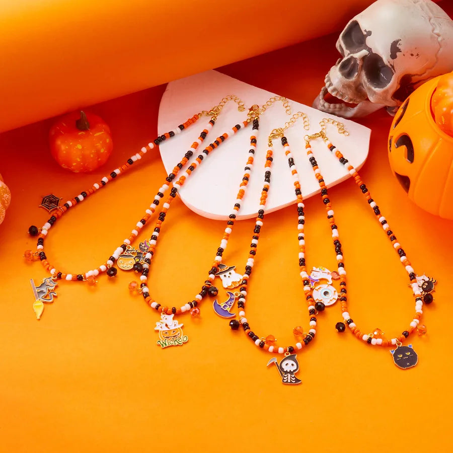 Handmade Halloween Necklace Ghost Spider Pendant Color Matched Pumpkin Design Zinc Alloy Women's Jewelry Accessory