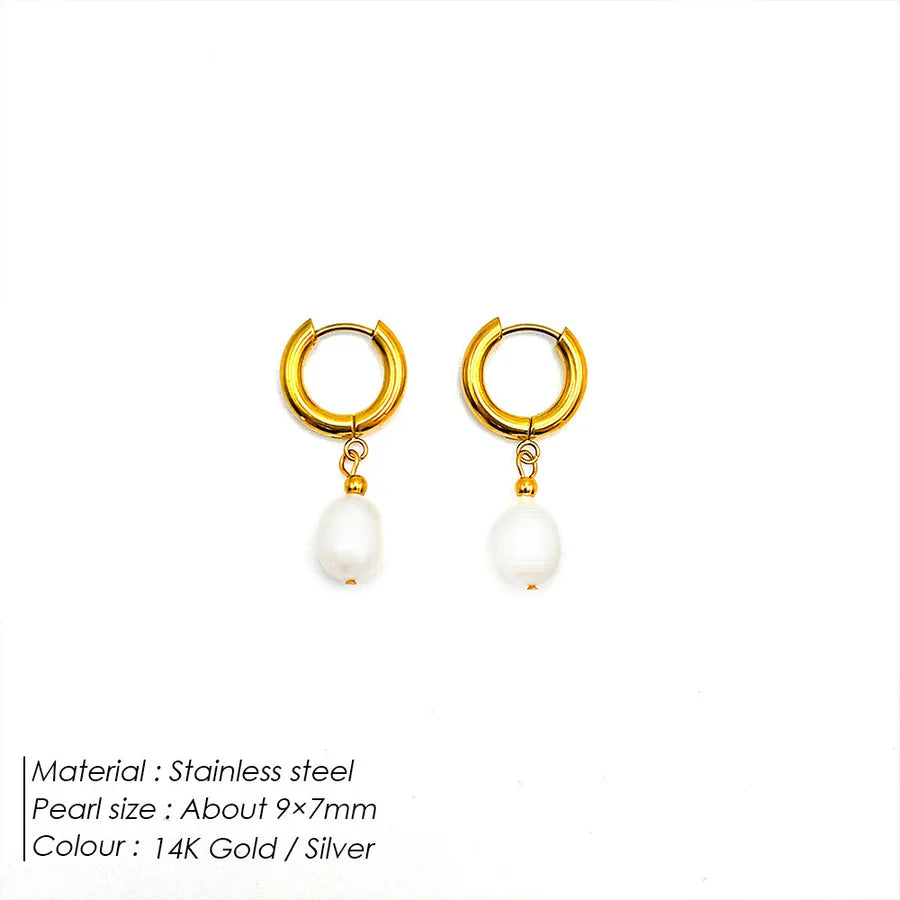 1 Pair Elegant Geometric 316 Stainless Steel  Freshwater Pearl Drop Earrings