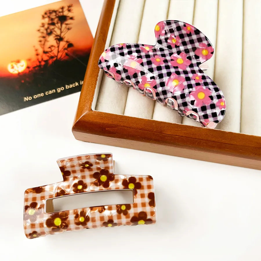 Retro PVC Floral Print Hair Claw New Elegance High-End Feeling Bun Shark Clip Small Flower Hair Clip Hair Accessories