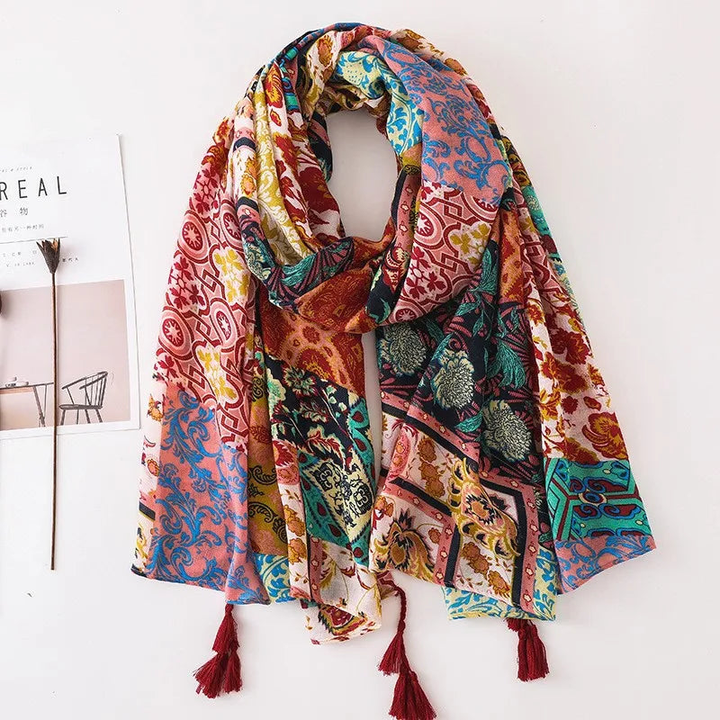 new scarf retro stitching bohemian cashew print silk scarf sunscreen yiwu wholesales