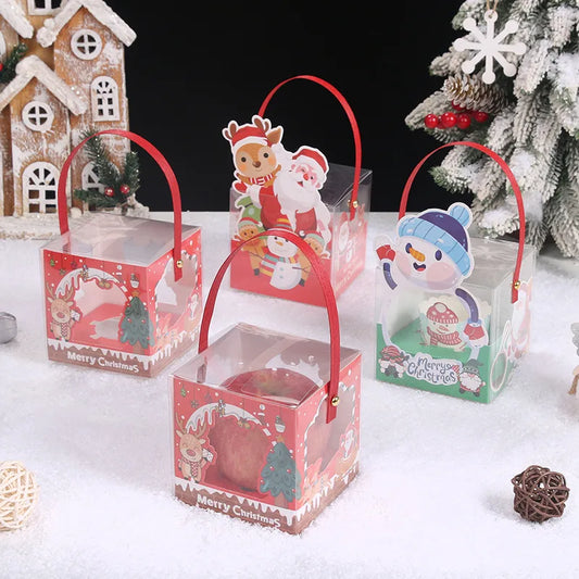 Transparent Square Christmas Baking Packaging Box Paper Cup Cake Box Cartoon Apple Box Children Gift Box Baking Supplies