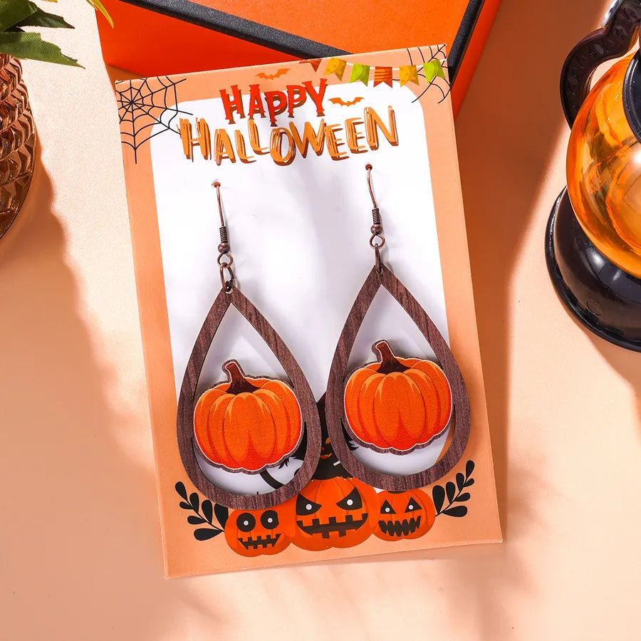 Creative Halloween Theme Wooden Pumpkin Spider Cat Earrings Quirky Cartoon Style Women's Simple Design Dangle Stud Earrings