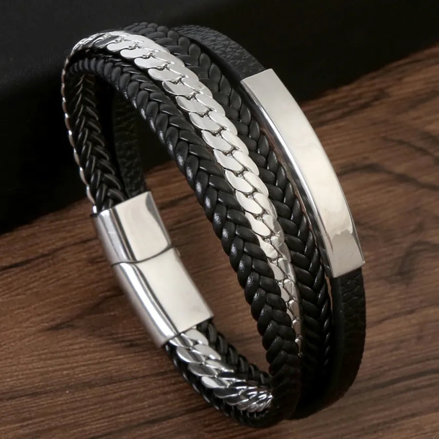hip-hop rock simple style solid color stainless steel pu leather men's bangle