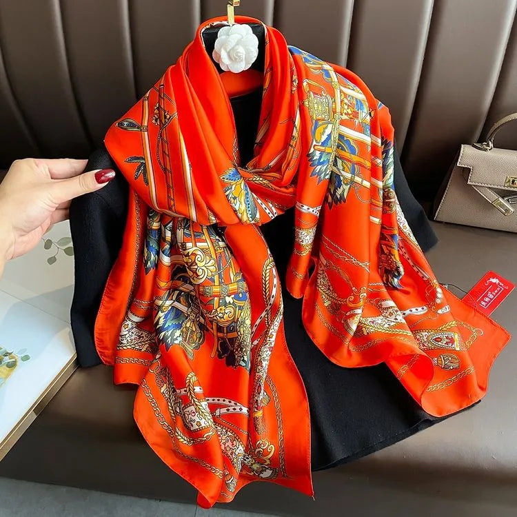 women's fashion letter plaid satin printing silk scarves