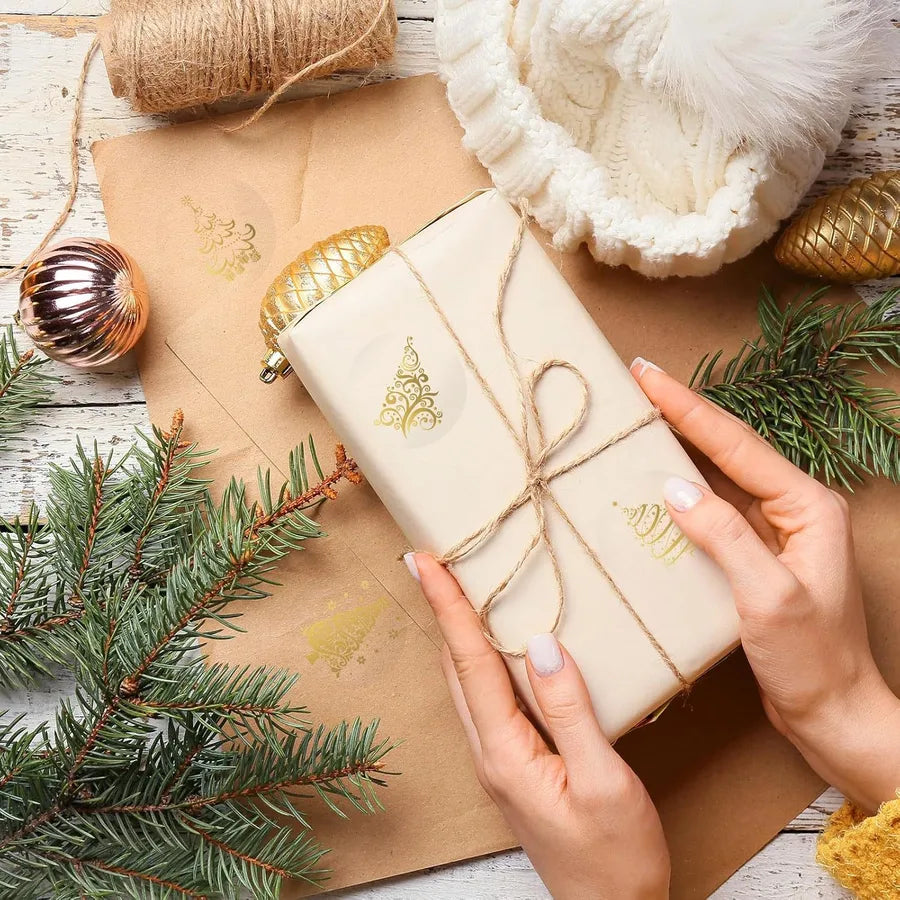 Gold Foil Christmas Stickers Roll Self Adhesive Sealing Labels Envelope Invitation Card Gift Wrapping Paper Transparent 500pcs