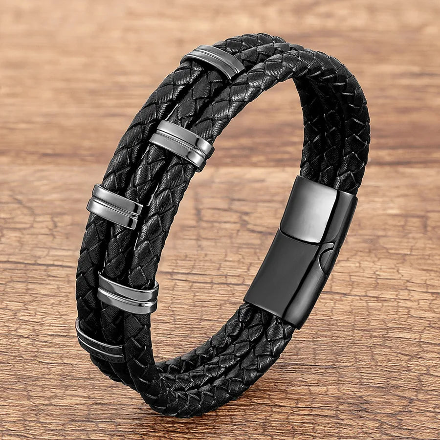 punk streetwear rectangle stainless steel pu leather men's bracelets