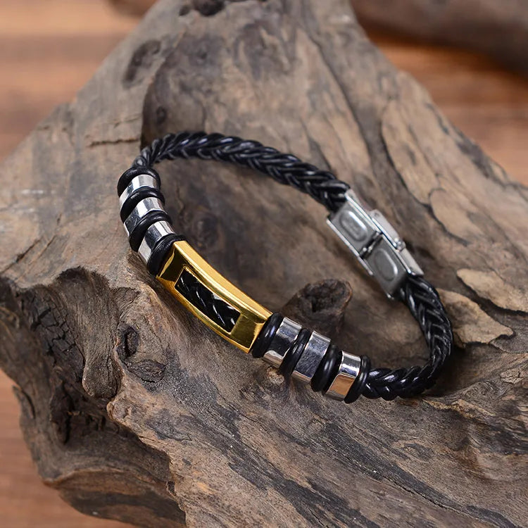Retro Punk Solid Color 304 Stainless Steel Pu Leather Men's Bangle Men Cord & Leather Bracelets
