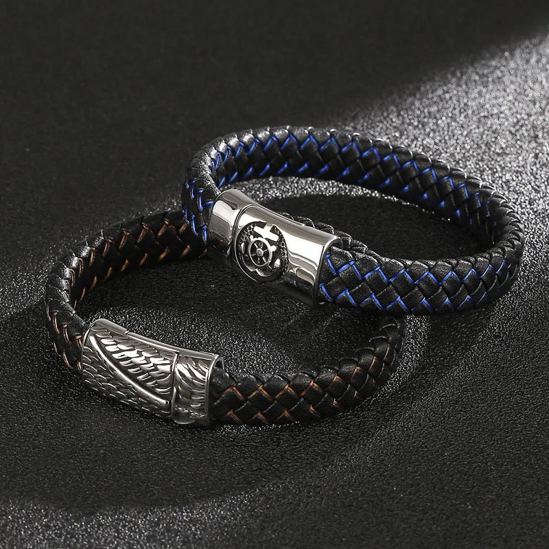 hip-hop retro color block pu leather titanium steel braid men's bangle