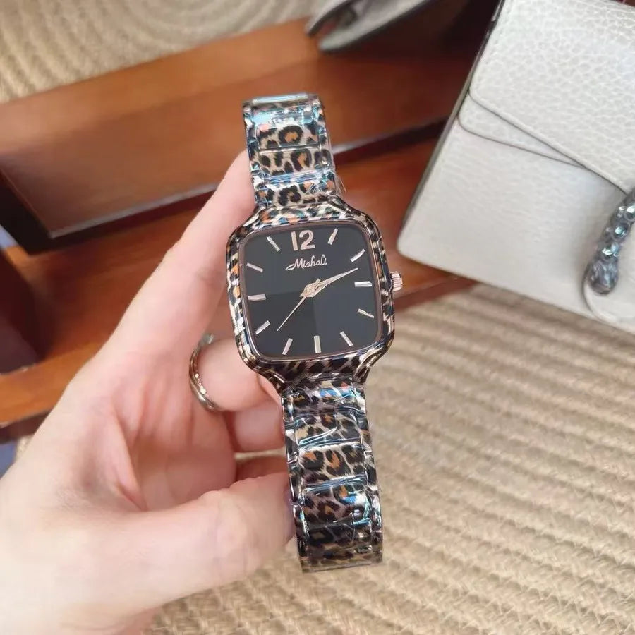 Mishali Square Large Dial Fashionable Women's Watch Stainless Steel Strap Leopard Print Casual Style Quartz Movement Mineral Glass