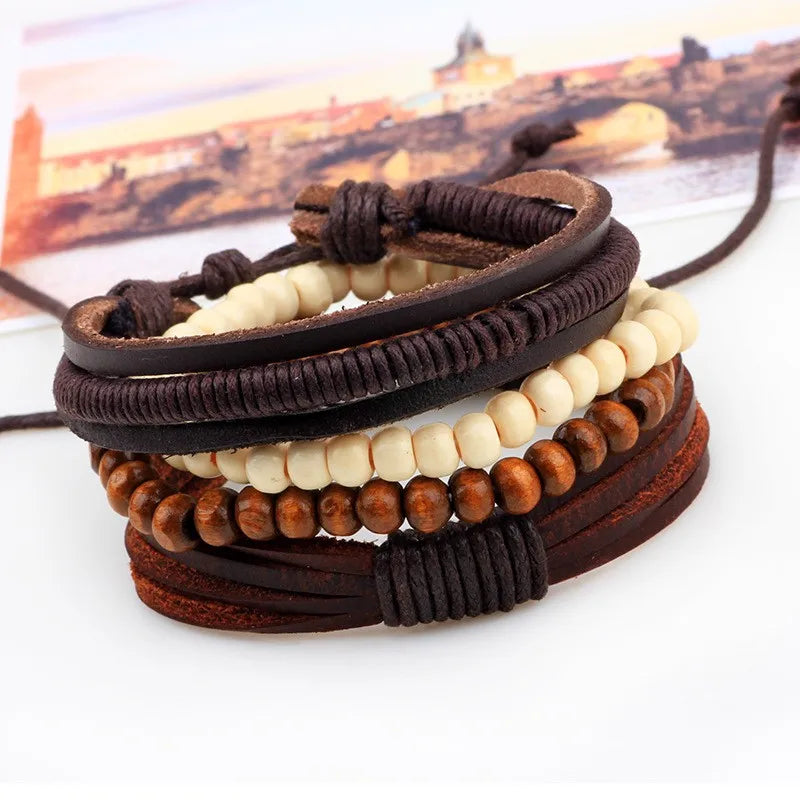 casual letter feather wings pu leather alloy beaded patchwork men's bracelets