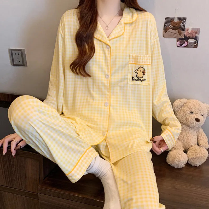 Sweet Heart Plaid Long Sleeve Sleepwear Set Women's Home Clothes Spring Autumn Season Polyester Milk Silk Thin Breathable Casual
