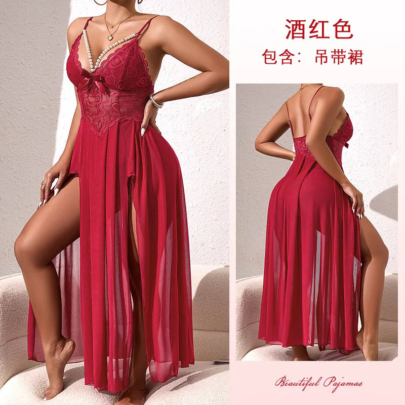 New Pearl Trimmed Backless Sleep Dress Multicolored Sexy Mesh Side Slit Seductive Strap Gown Irresistible Summer Nightgown