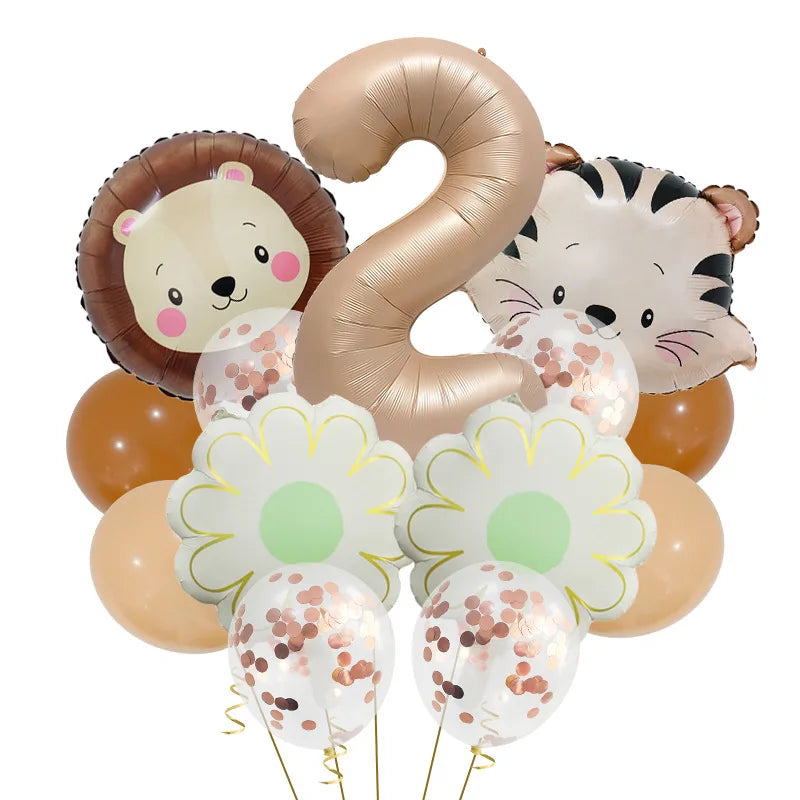 Retro Forest Tiger Lion Animal Balloon Set Caramel Digital Birthday Party Decoration Balloon Aluminum Foil Material